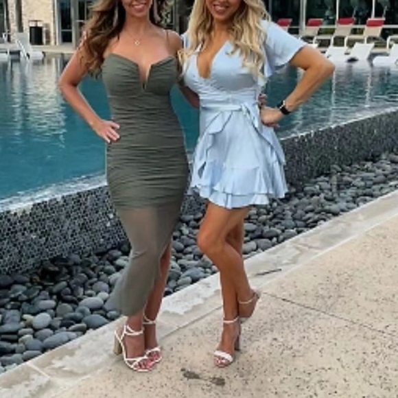 Selfie Leslie CAMI ANGEL SLEEVE FAUX WRAP DRESS STEEL BLUE - Picture 3 of 16